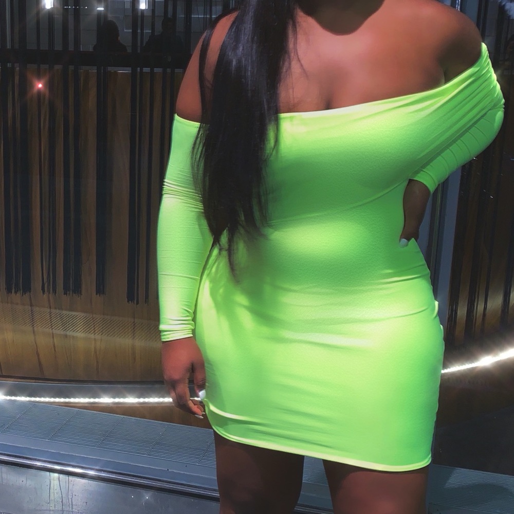 PLT Neon Lime Slinky Foldover Bodycon Dress